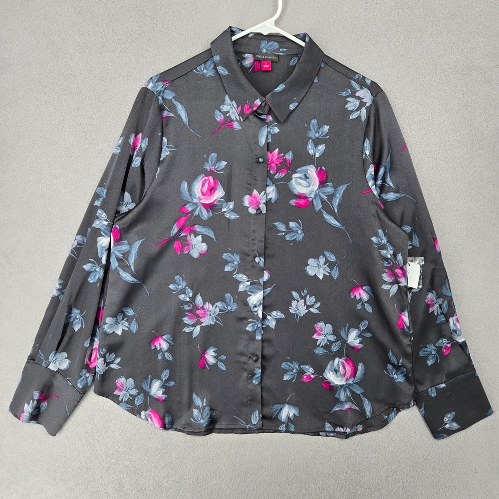 Vince Camuto Womens New Large Floral Satin Button Down Blouse Berry Pink Grey